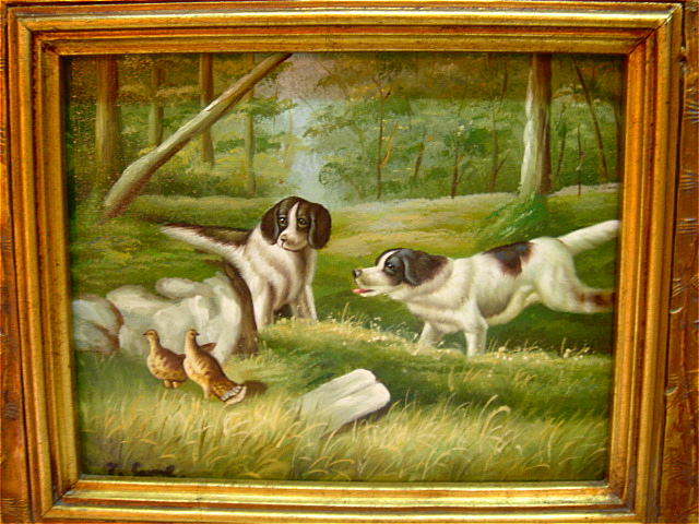 アンティークスタイル　絵画（油絵）　狩猟犬？　鳥の木枠 [NW0006]