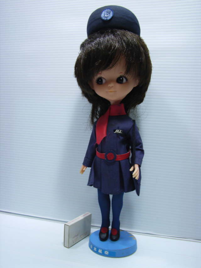 日本航空 JAL キャビンアテンダント ソフビ人形 木台 大 34．5cm 当時物 現状 【TO3009】