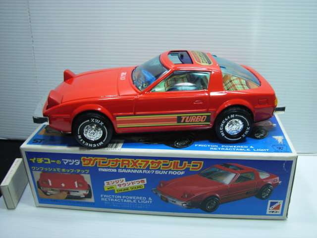 美品☆箱付☆イチコー☆マツダ☆サバンナ RX-7☆サンルーフ 赤 ブリキ 自動車 ２８．７ｃｍ 当時物 JAPAN 現状 【TO3433】